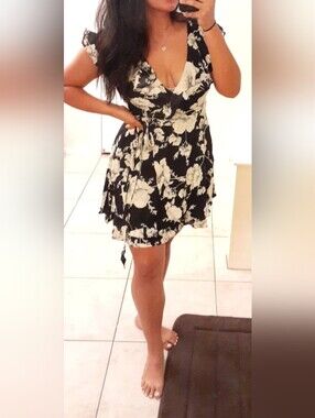 Free People Floral Tie-Waist Black and White Ruffle Dress